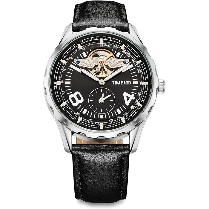 TIME100 Автоматичний годинник для чоловіків: водонепроникний, зі світлодіодами, серія Pilot, Angel Wing, бізнес-стиль, механічний годинник з шкіряним/силіконовим ремінцем, скелетний дизайн (чорний/сріблястий)