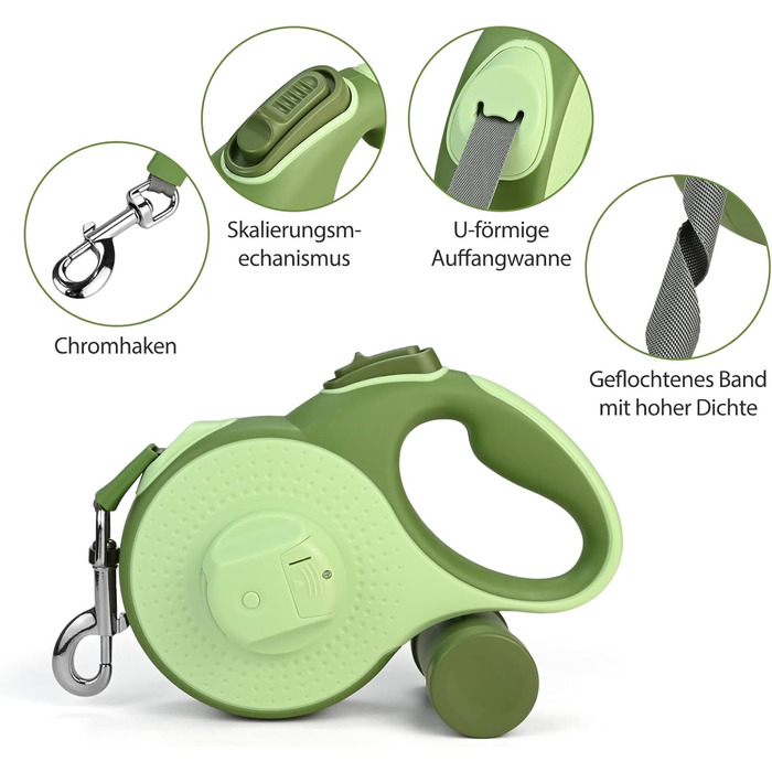 Рулетка для собак з LED-підсвічуванням та тримачем для відходів, 8 м, для собак до 50 кг, без перекручування, з функцією швидкого гальмування