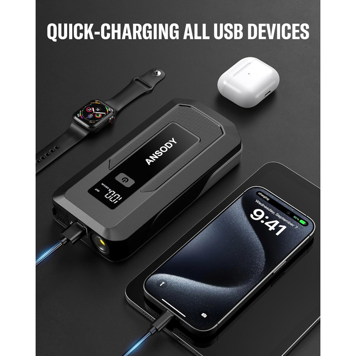 Powerbank для авто 12V Starthilfe 3000A: пусковий пристрій з LED, для бензину/дизеля (10/8L), сірий