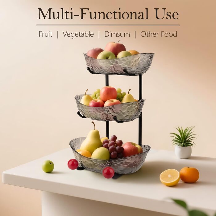 Пластикова підставка для фруктів Asaiy – 3 яруси, овальна корзина з металевим каркасом, сірого кольору. Організатор для фруктів, овочів, снеків та солодощів.