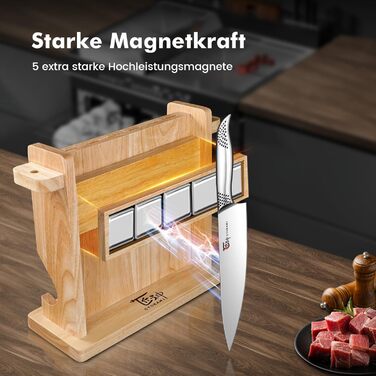 Набір кухонних ножів Messerset 7 предметів у японському стилі з магнітним блоком з акації, вуглецева сталь, нековзка ручка