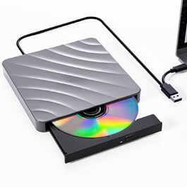 Зовнішній USB DVD/CD привід-записувач для ноутбука та ПК, оптичний накопичувач +/-RW ROM для Windows, MacOS, Linux (сірий/сріблястий)