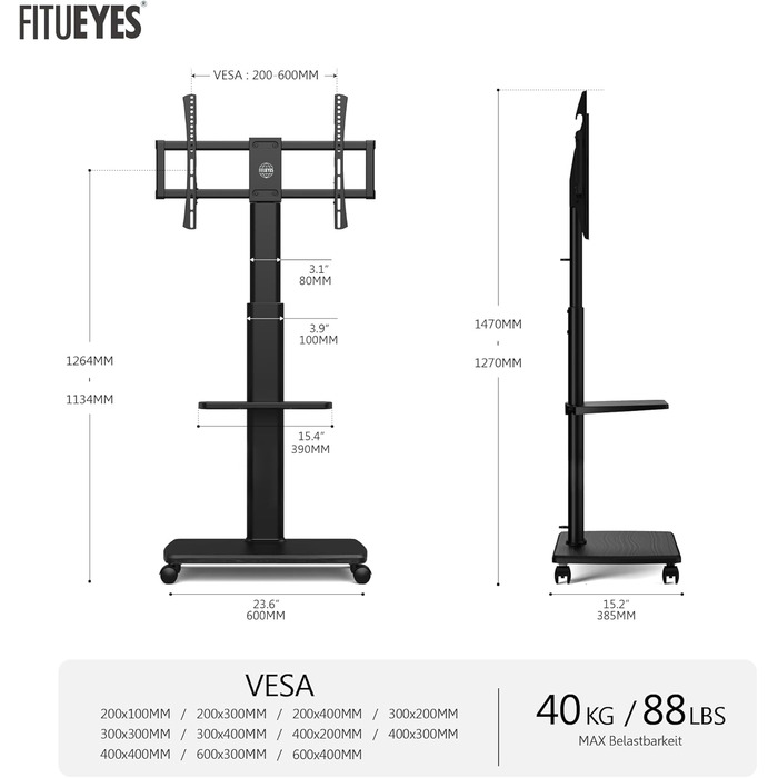 FITUEYES Rolling TV Stand with Wood Shelf - Adjustable Height & Swivel - Fits 32-70 inch TVs up to 40kg, VESA 400x600 - White/Black