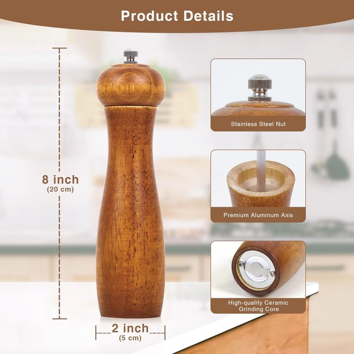 Дерев'яні соляні та перечні млини, 20 см, регульована ступінь помелу, ручні, з дуба, для кухні - набір 2 шт.