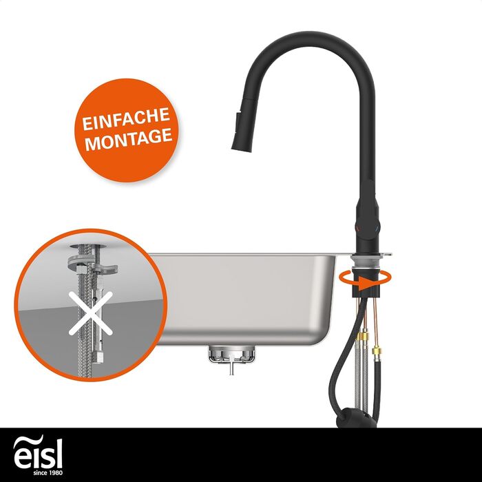 Кран кухонний гнучкий EISL Flexo з нержавіючої сталі/чорний, 360° обертання, високий вилив, Soft-Touch шланг, 2 функції, NI186FLNIB