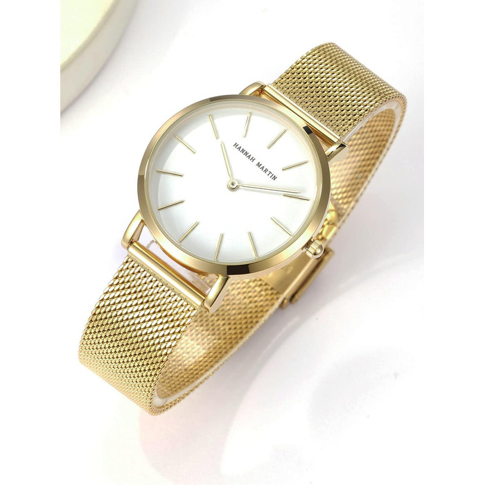 Годинник жіночий Hannah Martin, кварцовий, аналоговий, з нержавіючої сталі, водонепроникний, ультратонкий, сітка, білий корпус, золотий браслет