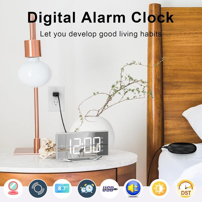 ROCAM Loud Alarm Clock for Deep Sleepers, Vibration Alarm Clock for the Hard of Hearing, 8.7'' Display Digital Alarm Clock, USB Charger, 12/24H, Dual Alarm, Snooze, Dimmer, Battery Backup
