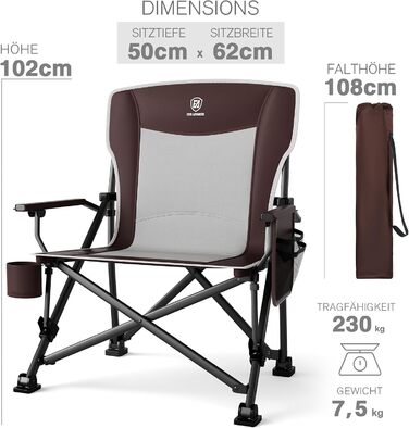 Крісло для кемпінгу EVER ADVANCED, складне, 230 кг, XL, широке сидіння 62 см, з кишенею та тримачем для напоїв, для кемпінгу, відпочинку на природі, балкону, саду (Червоний, Класичний)