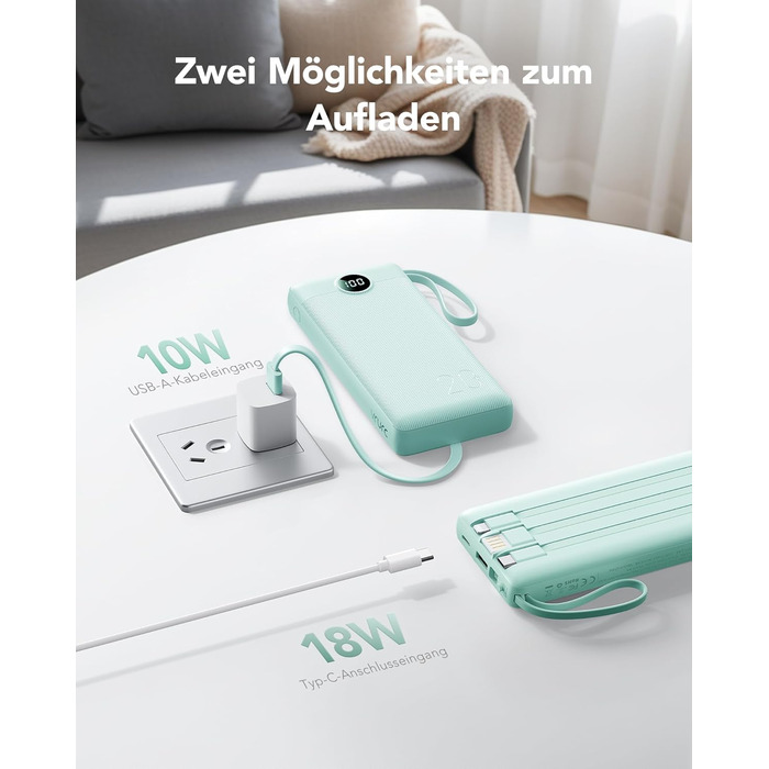 Power Bank VRURC 20000mAh з USB-C, 22.5W, LED дисплей - Зовнішній акумулятор для iPhone, Huawei та інших (Зелений)