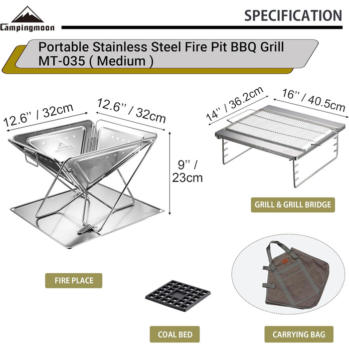 CAMPINGMOON 3-in-1 Portable Stainless Steel Wood Grill and Fire Pit, 35.6 x 39 cm, with Carrying Bag MT-035