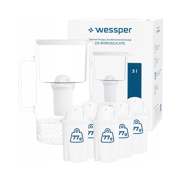Скляний фільтр-кувшин Wessper D2 BOROSILICATE 3 л, білий + 6 фільтрів