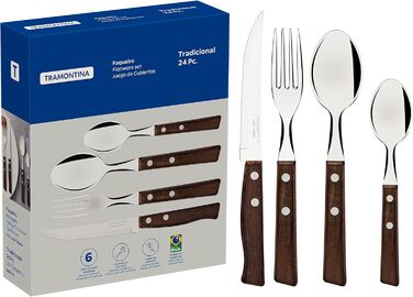 Tramontina TRADICIONAL Cutlery Set for 6 Persons, 24-Piece, Steak Cutlery, Serrated Steak Knives, Dinner Forks, Dinner Spoons, Coffee Spoons, Natural Wood Handles