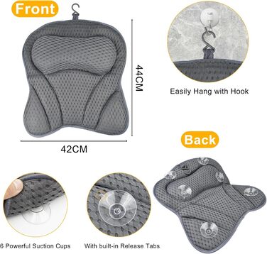 Подушка для ванни Chiluxendo з 4D-Air Mesh та 6 присосками (сіра)