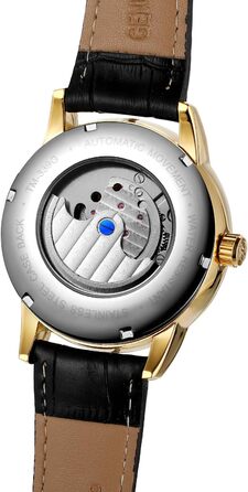 Чоловічий годинник на автоматичному механізмі з сапфіровим склом, корпус з нержавіючої сталі, шкіряний ремінець, годинник-скелетон, календар, золотий/чорний колір