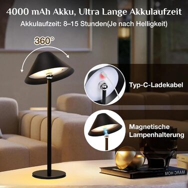Світлодіодна настільна лампа Rosnek бездротова, акумуляторна 4000 mAh з димером, поворотна на 360°, чорна