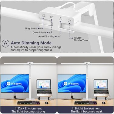 LED настільна лампа KableRika з двома головками: 24W, регулювання яскравості, захист очей, для офісу та дому, сучасне освітлення монітора, білий колір