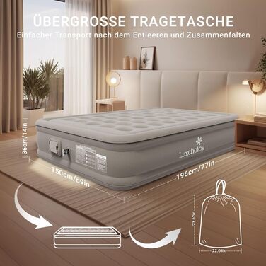 Надувна ліжко 2 особи, самонадувна повітряна матрац з портативним насосом, антизносний матеріал преміум-якості, для кемпінгу та дому. Подвійне ліжко для гостей