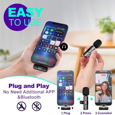 Беспроводной микрофон-зарядка Lavalier USB-C 2 в 1 для iPhone, шумоподавление KI, мини-микрофон для видеоблогинга, видео, подкастов, интервью, TikTok, YouTube - Черный (2 TX + 1 RX) (2 Mic для iOS)