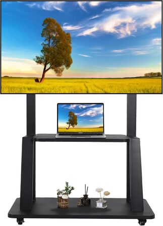 Підставка для телевізора на колесах, мобільний телевізійний візок для 32-75 дюймів LED/LCD/OLED, регульована по висоті, чорна, з полицями для ноутбука та DVD
