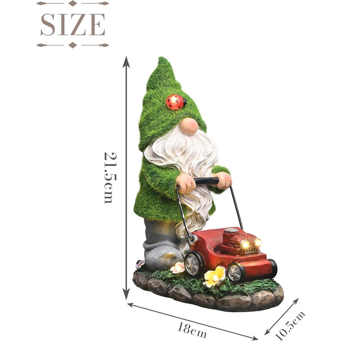 TERESA'S COLLECTIONS Outdoor Garden Decor with Solar Lighting 22cm Waterproof Garden Gnome Figurines with a Lawnmower Made of Artificial Resin Garden Gnomes for Outdoor Yard Lawn Balcony