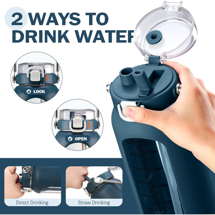 BLUEGO 2000ml Glass Water Bottle with Stainless Steel Handle and Time Marker 2L Motivation Glass Dryer with Silicone Sleeve and Straw for Gym, Office, Outdoors, Sports, BPA-free Water Bottles, Dark Blue