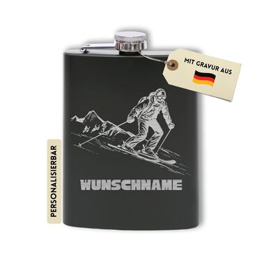 Фляга з нержавіючої сталі Flanacom з гравіюванням, 227мл / 8oz, для скі-гонщиків, персоналізована гравіюванням (дизайн 4, чорний)