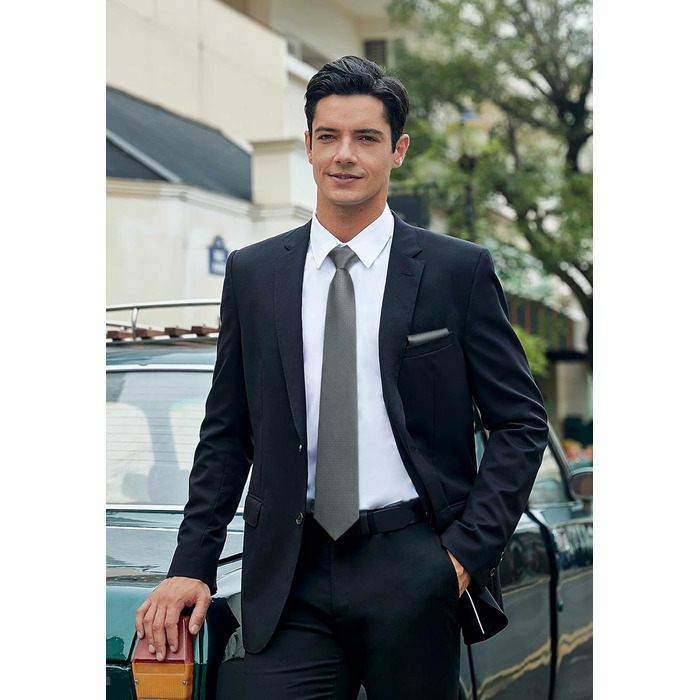 Краватка для чоловіків HISDERN на весілля з кишеньковим хустинкою, класичний візерунок, в клітинку, в горіх, бізнес-краватка та кишеньковий хустинка (Сірий)