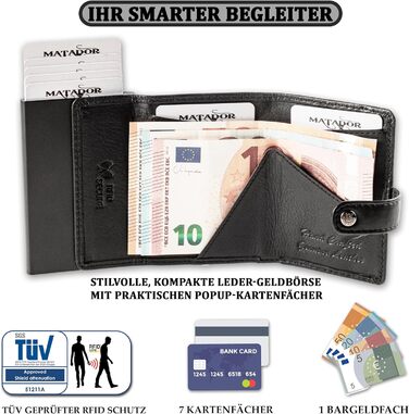 Гаманець Matador Slim Miami RFID захист – шкіряний картхолдер з механізмом висування карт, міні-гаманець чоловічий з монетником, Nappa чорний