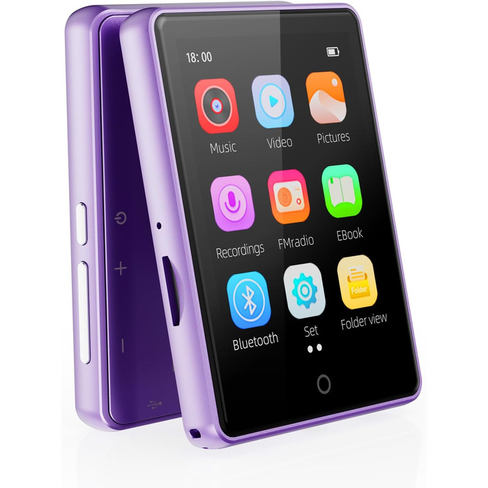 MP3 плеєр дитячий 64GB Bluetooth 5.3 з радіо, радіоприймач, MP4 плеєр, дитячий музичний плеєр з touch screen, розширюється до 128GB, фіолетовий