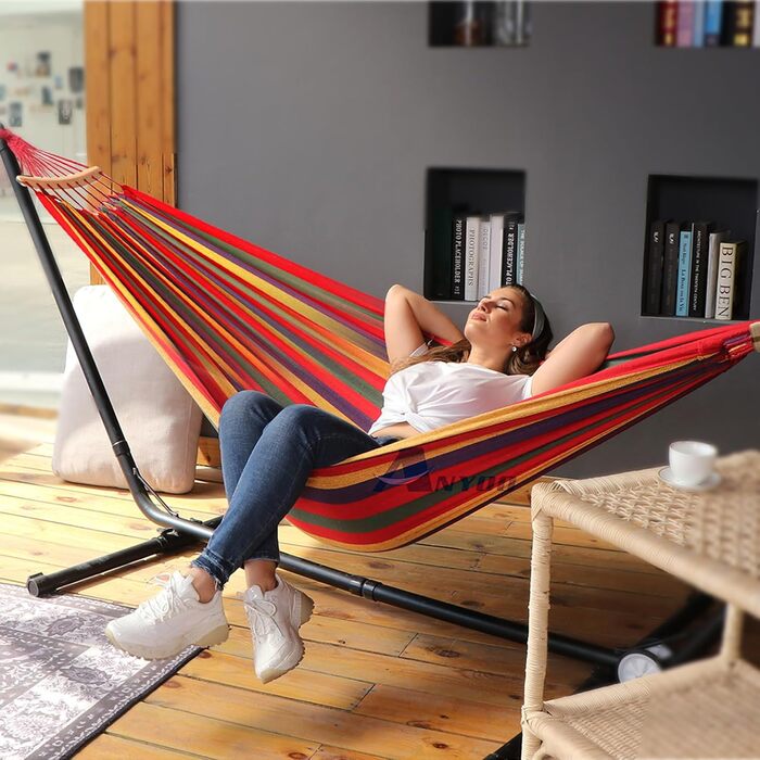 Гамак садовий ANYOO з дерев'яною перекладиною, червоний - зручний гамак для тераси, саду, пляжу