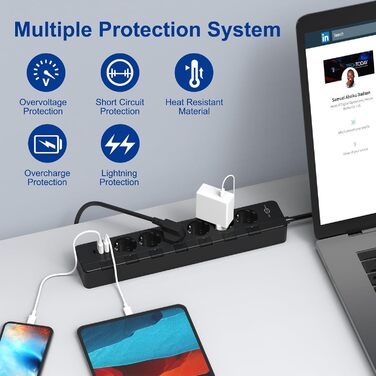 Мережевий фільтр KEPLUG з USB, 4000W, 16A, 6 розеток, 2м кабель, захист від перенапруги, дитячий захист, чорний