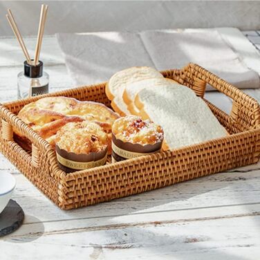 Rattan Serving Tray with Handles, Rectangular Tray from Rattan for Breakfast, Drinks, Snacks for Eating/Coffee Table (43 cm)