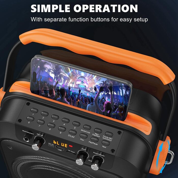 Караоке машина MS80 з 2 мікрофонами, портативна колонка з LED-підсвіткою, Bluetooth, USB/TF-карта, AUX/FM, система PA, TWS