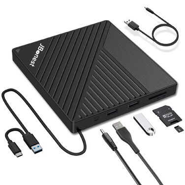 Зовнішній CD/DVD привід USB 3.0 Type-C з картридером SD/TF, портативний RW-записувач для ноутбука, ПК, MacBook (Windows, macOS, Linux) — Чорний