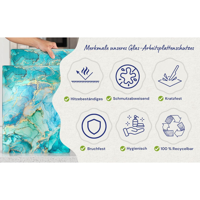 Скляна дошка для нарізання 40x30 см – гігієнічна скляна дошка з загартованого скла, стійка до високих температур, подряпин та ковзання – скляна плита для кухні, чорна мармурова текстура (Design 09, 50Ш x 40Г см)