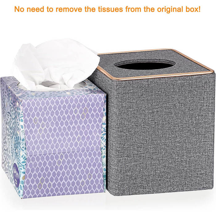 BTSKY Square Tissue Box Cover in Linen with Decorative Gold Line – Cube-Shaped Tissue Paper Holder, Tissue Storage, Organizer, Tissue Box Dispenser, Serviette Box, Gray