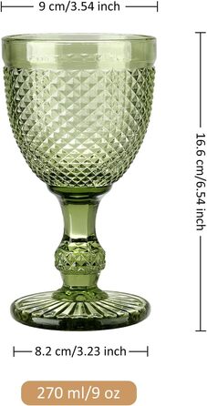 Joeyan 270ml Green Vintage Wine Glasses with Diamond Relief, Colorful Goblet Glasses Wine Goblet Set for Wine Juice Drinks, Set of 4 Retro Drinking Glasses with Stem, Dishwasher Safe