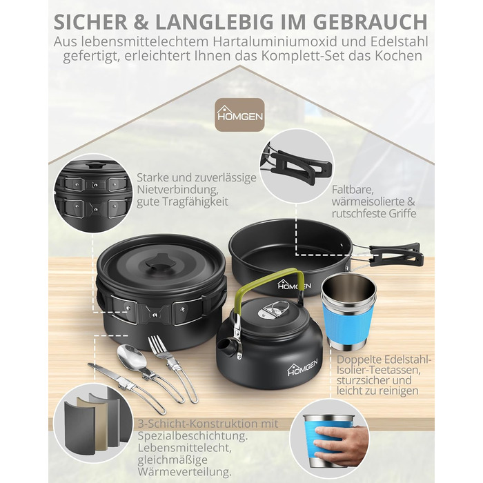 Набір посуду для кемпінгу HOMGEN: каструлі та сковорідки з алюмінію, легкий набір для 2-3 особи