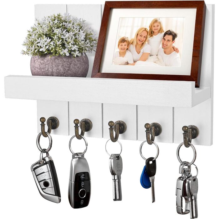 Дерев'яне ключниця з поличкою, 5 гачків, для прихожої, спальні, вітальні, білий колір
