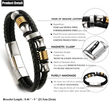 Дитячий браслет Halukakah для хлопчиків: шкіряний, з магнітним застібком, золотисто-срібне покриття, 18-19.5 см, з подарунковою коробкою (6-12 років)