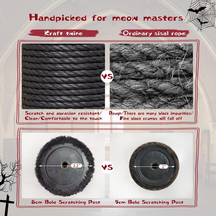 Large Gothic Scratching Post, 140 cm tall, Scratching Post for Large Cats, Stable, XXL Cat Tree with 6 Thick Scratching Pillars, Spider Hanging Ball, Sargbett Platforms, Cave, Black Cat Tower Halloween