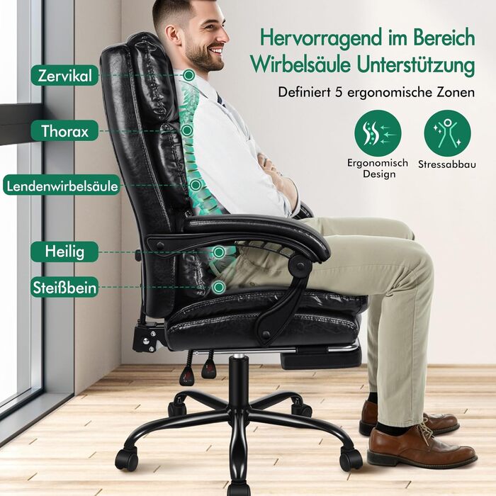 Офісне крісло ALFORDSON з регулюванням нахилу 150°, обертання 360° та підставкою для ніг. PU-шкіра, глянцевий чорний колір Palmer. Підходить для роботи та геймінгу.