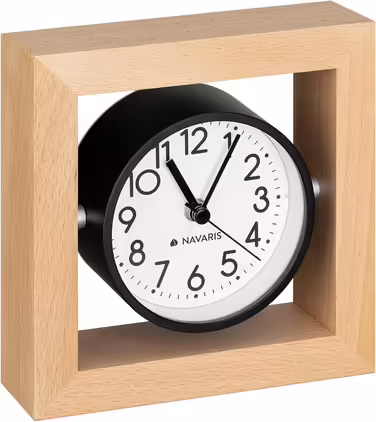 Navaris Analog Wooden Table Clock Square Design - 13.2 x 13.2 x 4.3cm - Analog Clock Without Ticking White Dial - Vintage Pointer Wooden Clock Light Brown