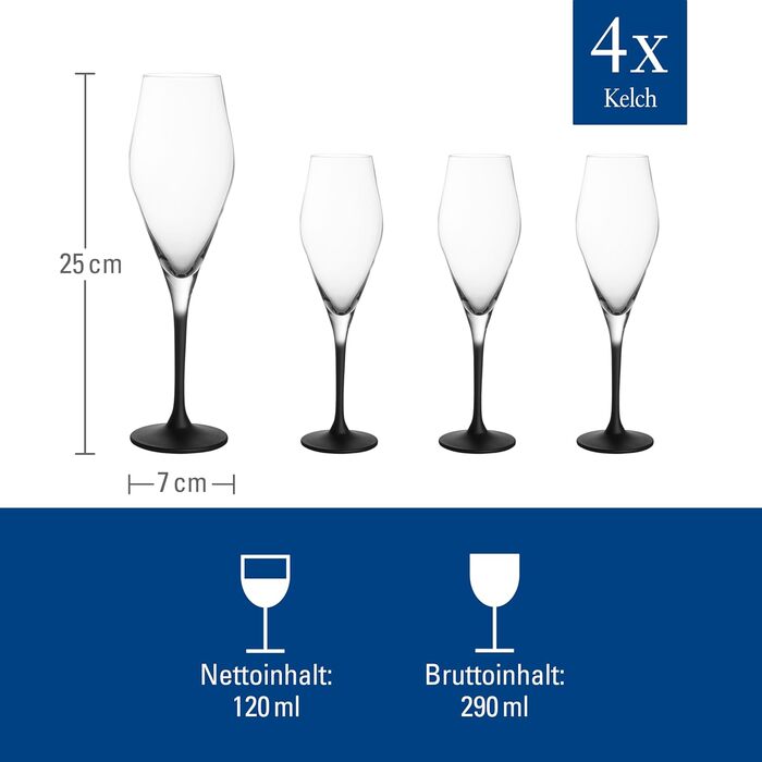 Набір келихів для шампанського Villeroy & Boch Manufacture Rock, 4 шт, 260 мл, чорне матове кришталеве скло, сучасний дизайн