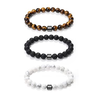 Чоловічі браслети з натурального каміння: тигрове око, лава, чорний онікс, бірюза. Набір 3-4 шт.