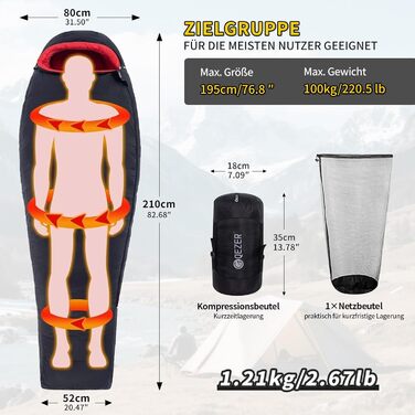 Сплячий мішок для дорослих та дітей, зимовий легкий, 8°C ~ -30°C для кемпінгу та альпінізму, 650 FP гусячий пух (Чорний, 700g пуху)