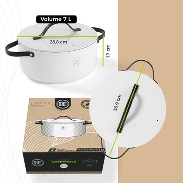 Каструля Be Living Essential з кришкою, 24 см, 7 л, з антипригарним покриттям Keramik Antihaft, для індукційних плит, без PTFE та PFOA, білий