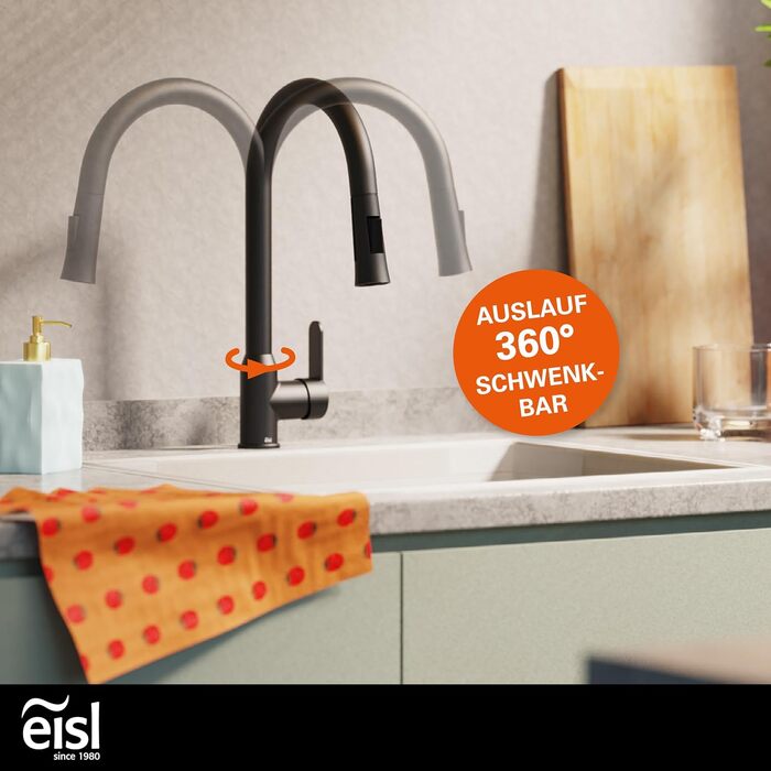 Кран кухонний гнучкий EISL Flexo з нержавіючої сталі/чорний, 360° обертання, високий вилив, Soft-Touch шланг, 2 функції, NI186FLNIB