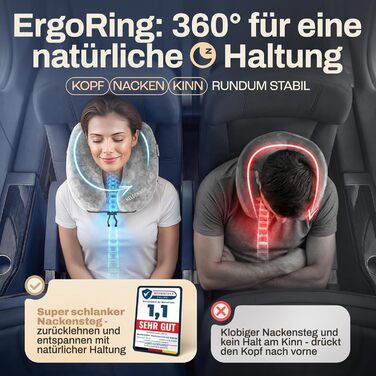 Подушка для шиї HELDENWERK® Air: 5 положень, регульований тиск, знімний капюшон | Подушка для подорожей на літаку/автомобілі, м'яка, сірого кольору, велика