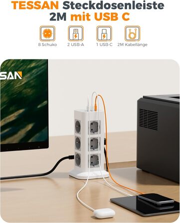 Многорозеткова смуга TESSAN із захистом від перенапруги, 3600W, 16A, 12 розеток, 2 USB-A, 1 USB-C, кабель 2м, сіра